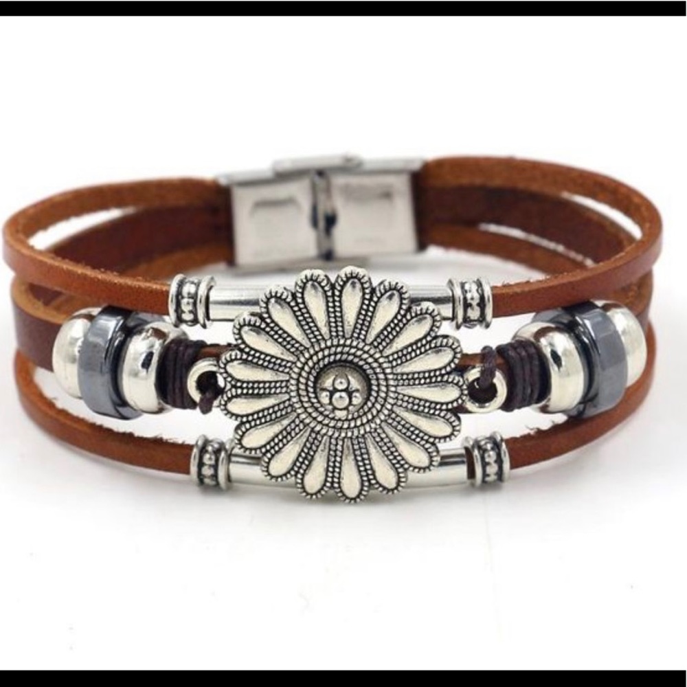 Silver Bohemian Flower Beaded Multi Layer Genuine Brown Leather Bracelet! - Picture 2 of 6